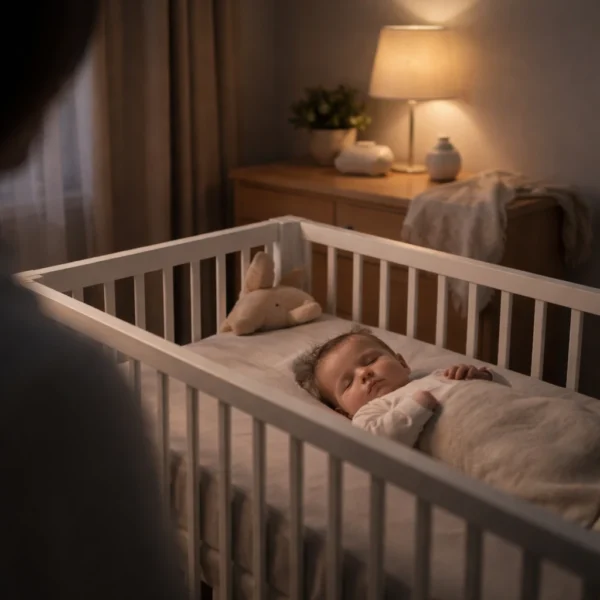 Sleep training guide image showing a calm baby sleeping peacefully in a crib at night