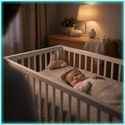 SleepWell sleep training bundle image showing a calm baby sleeping peacefully in a crib at night