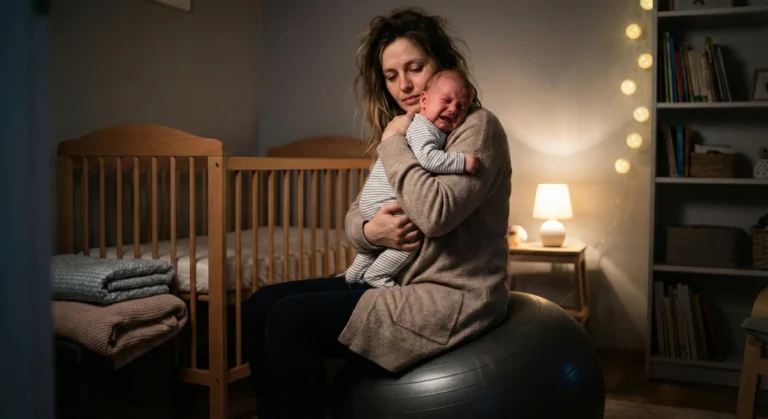 Mother rocking crying baby to sleep on an exercise ball – showing struggle many face when to start sleep training